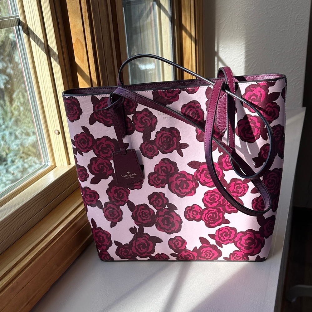 Kate Spade Pink Burgundy Brynn Rose Florets Floral Tote